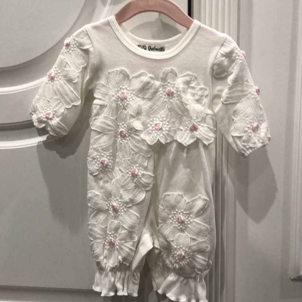 White with pink flower applique romper
